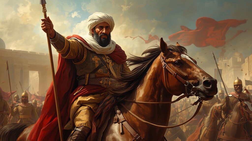 صورة فنية تاريخية تُجسد لحظة استجابة الخليفة العباسي المعتصم بالله لنداء المرأة في قصة وامعتصماه، حيث يظهر بهيبة القائد على رأس الجيش بروح حاسمة ومسؤولية عالية.