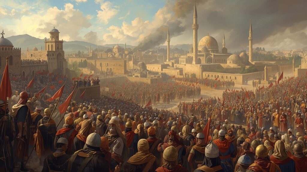 مشهد ملحمي يعبر عن حصار مدينة عمورية، الحدث المفصلي في قصة وامعتصماه، حيث تظهر قوة التخطيط الإسلامي وأهمية المدينة الدينية لدى البيزنطيين دون مشاهد عنف مباشرة.