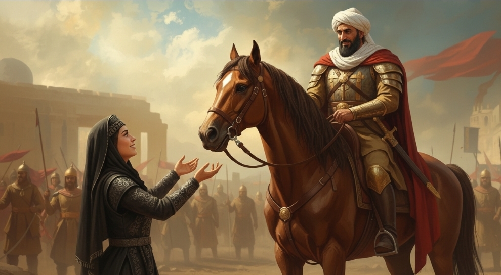 لقطة مؤثرة تجمع بين الخليفة المعتصم بالله والمرأة المحررة بعد فتح عمورية، تجسد ذروة قصة وامعتصماه ومعنى النصرة والوفاء بالوعد في التاريخ الإسلامي.