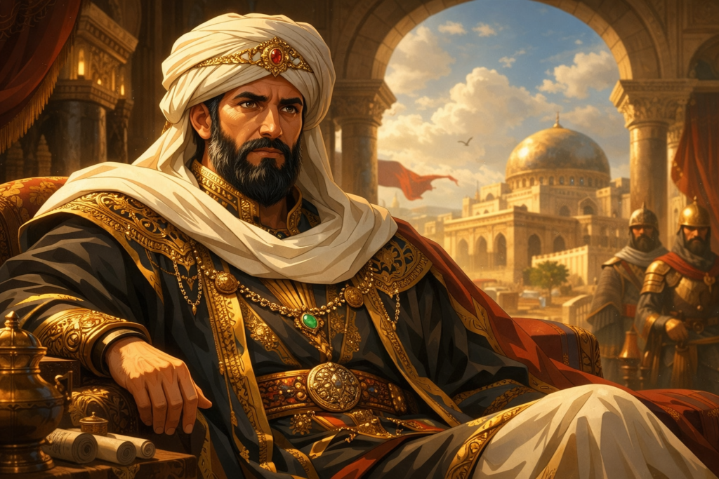 صورة فنية تحليلية تُبرز شخصية الخليفة العباسي المعتصم بالله كما تظهرها قصة وامعتصماه، قائد عسكري قوي الملامح يجمع بين الحزم والبساطة بعيدًا عن المثالية المطلقة.