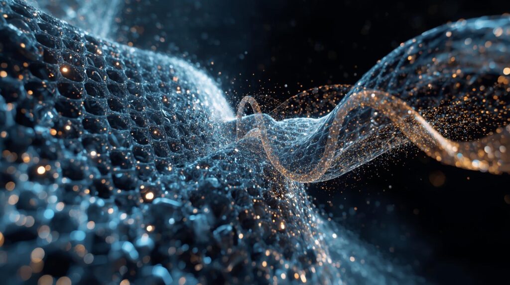 صورة واقعية لتكوين مادة فائقة الصلابة Supersolid، توضح الذرات المنظمة كبلورة مع تدفق يشبه السوائل، مثال حي على تحول المادة للطريقة فائقة الصلابة.