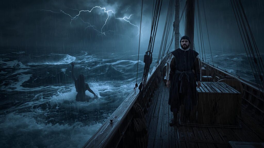 حوريات البحر في سجلات البحارة الأوروبيين كما تصورها بحار أوروبي أثناء عاصفة في شمال الأطلسي