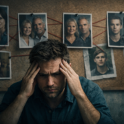 شخص يفكر بارتباك أمام صور لعائلته، يرمز لمتلازمة كابغراس