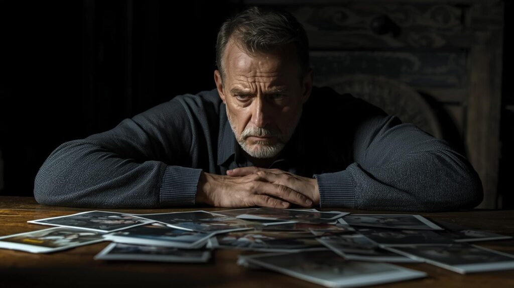 التأثير النفسي لمتلازمة كابغراس شخص بالغ يظهر عليه القلق وهو ينظر بريبة إلى صور أفراد عائلته