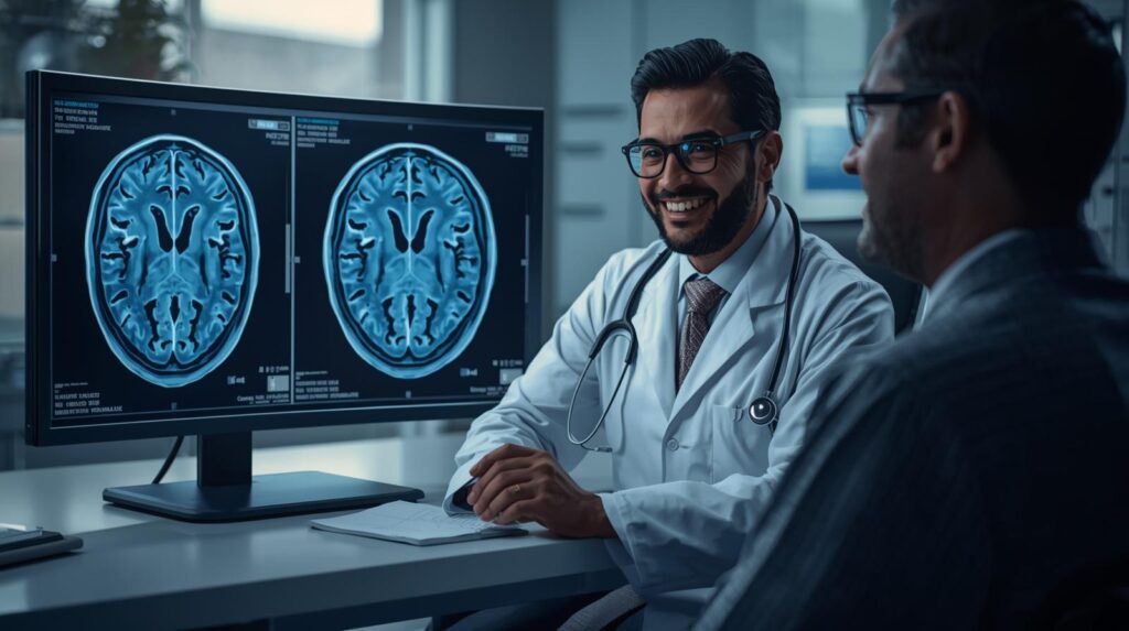 تشخيص متلازمة كابغراس في العيادات الطبية طبيب نفسي يراجع صور أشعة دماغية أثناء تشخيص مريض