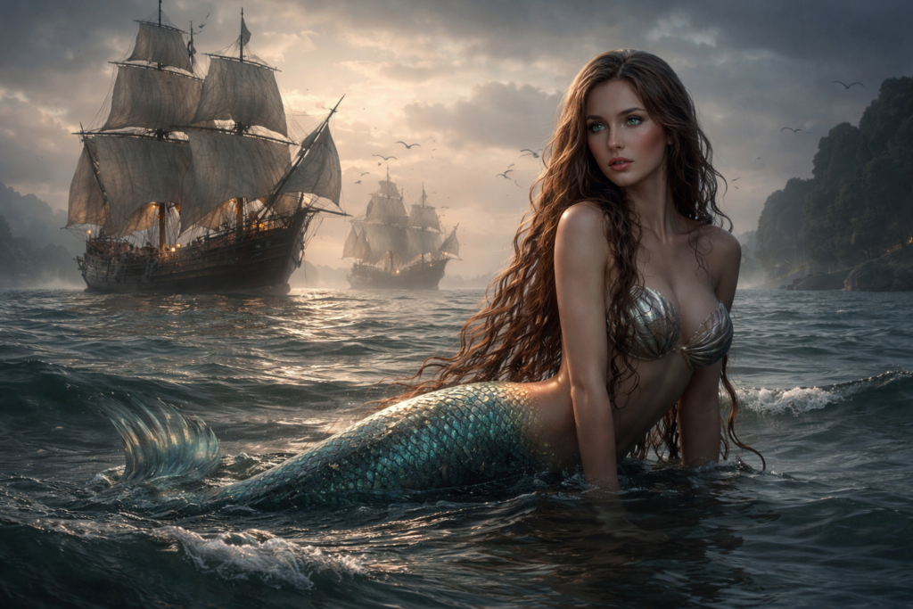 حورية بحر نصفها بشري ونصفها سمكي تسبح بجانب سفن شراعية خشبية قديمة في بحر مضطرب خلال العصور الوسطى