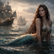 حورية بحر تظهر على سطح البحر بالقرب من سفن خشبية قديمة في أجواء غامضة